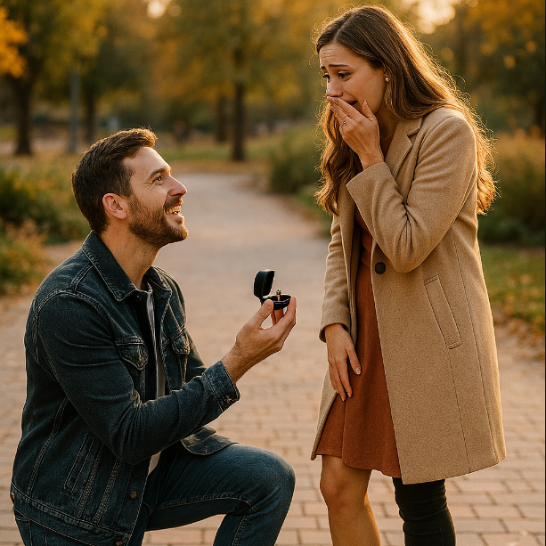 Anillos de compromiso: haz que ese día sea verdaderamente especial Hombre de rodillas proponiendo matrimonio a mujer sorprendida en un parque.